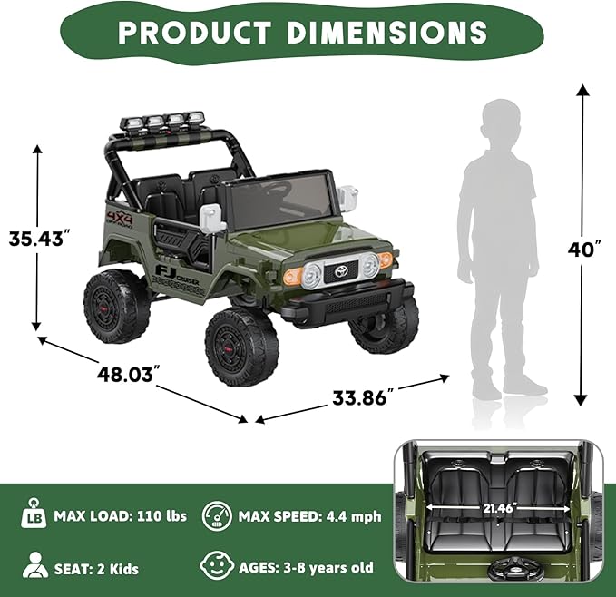 24V Ride on Toys for Kids, Licensed Toyota FJ, 2 Seater Ride on Car with Remote Control, Electric Car w/ 4-Wheeler Suspension, Led Light, Music, USB, Electric Vehicle for Age 3-8, Green