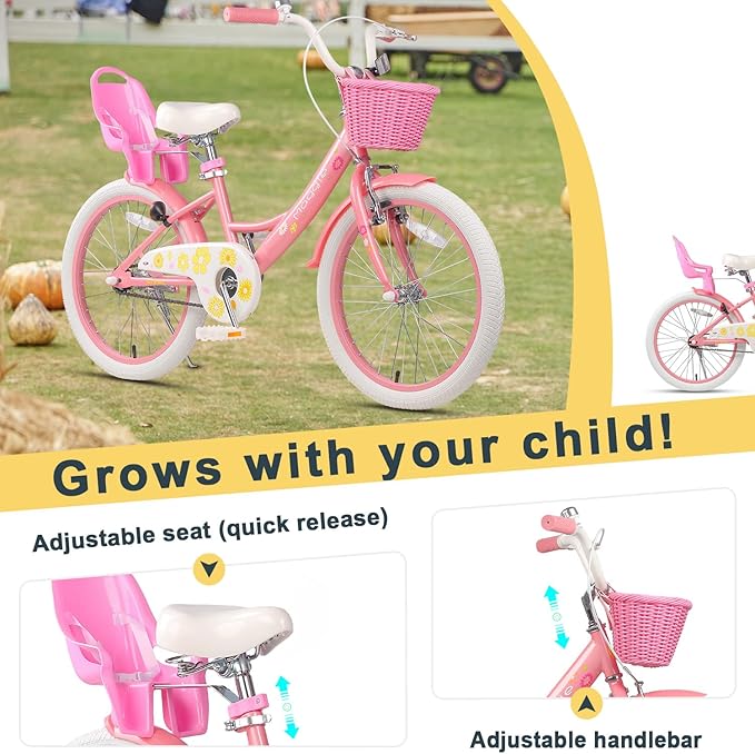 Glerc Maggie Girls Bike, 12-20 Inch Kids Bike for 2-13 Years Old Children, Princess Style Kids Bicycle with Doll-Seat & Basket & Training Wheels, Multiple Colors