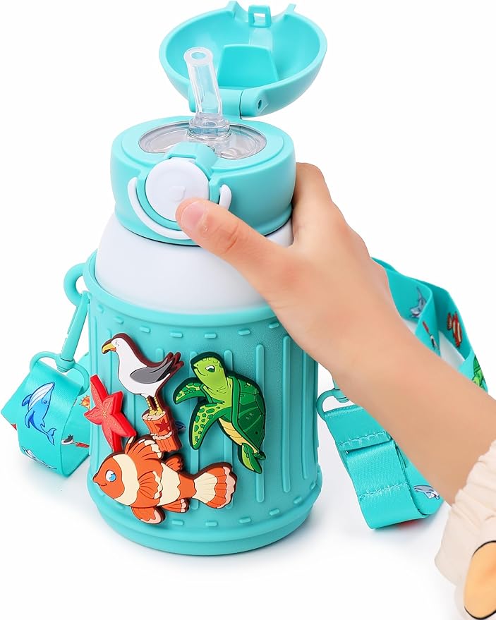Kids Insulated Tumbler Set – 16 oz Stainless Steel Bottle with 2 Lids (Straw + Pour), Screw-On Cup, Adjustable Strap, Silicone Sleeve + 8 Charms – BPA-Free, Gift-Ready (Ocean Life)
