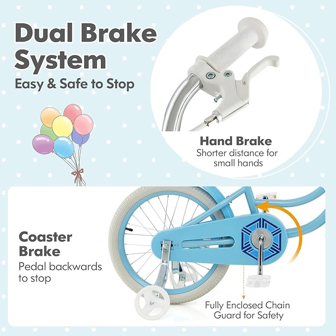 COSTWAY Kids Bike, 14 16 18 Inch Toddler Bike with Training Wheels, Basket, Adjustable Seat & Handlebar, Hand & Coaster Brakes, Bell, for Girl Boy Aged 3-8 Years Old