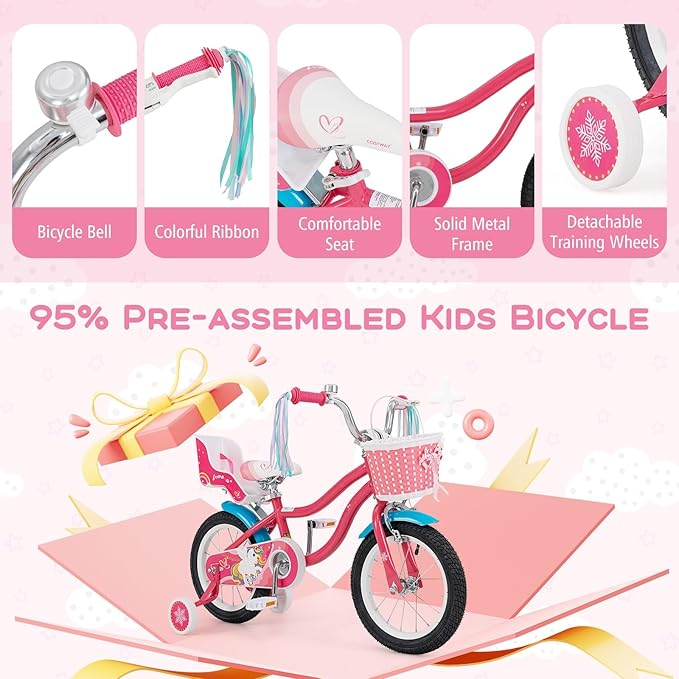 BABY JOY Kids Bike, 12 14 16 18 Inch Children Bicycle w/Detachable Training Wheels, Storage Basket, Adjustable Seat & Handlebar, Bow or Streamer, Girls Bike for 3-8 Years Old