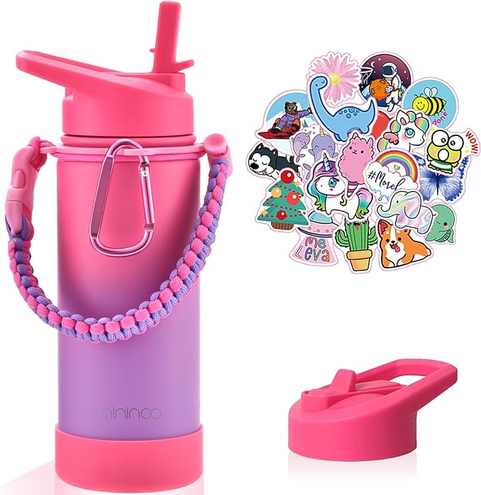 Mininoo Kids Water Bottle, Girls Water Bottle for School, 16oz Metal Stainless Steel Water Bottle Kids with Straw Lid（Punch/Purple）