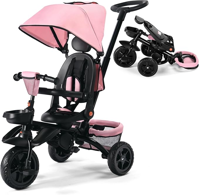 Kinder King Kids Tricycle, 7 in 1 Folding Toddler Trike w/Adjustable Push Handle, Rotatable Seat, Adjustable Canopy, Safety Harness, Storage, Toddler Stroller Bike for Age 6 Months+,Pink