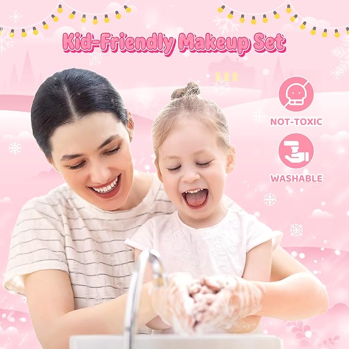 GirlsHome Kids Makeup Set for Girl 56 Pcs Washable Real Cosmetic, Non-Toxic Frozen Toys Toddler Makeup Kit, Frozen Princess Dress up Kit Christmas & Birthday Girl Gift for 3-12 (Frozen Pink)