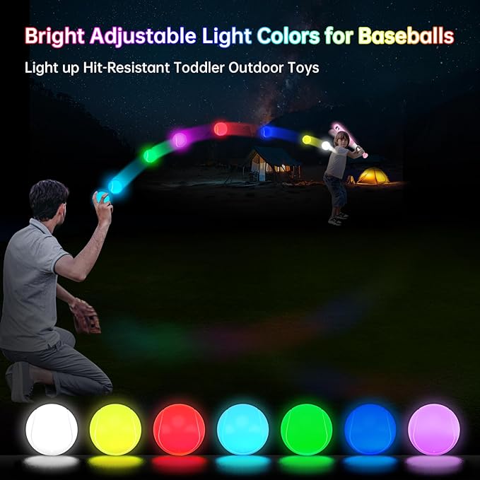 T Ball Set, Light Up LED Baseball Toys for Kids Toddlers 3-8, Glow in The Dark Tee Ball Set, Rechargeable Portable Toddler Outdoor Toys for Barkyard Camping, Gifts for Boys Girls (Pink)