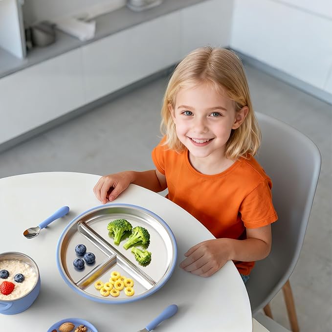 Stainless Steel Suction Plates for Toddlers, 9" Divided Kids Baby Plates with Removable Silicone Suction, Non Toxic Non Slip Portion Control Snack Dishes 3 Packs, Blue Gray Sage