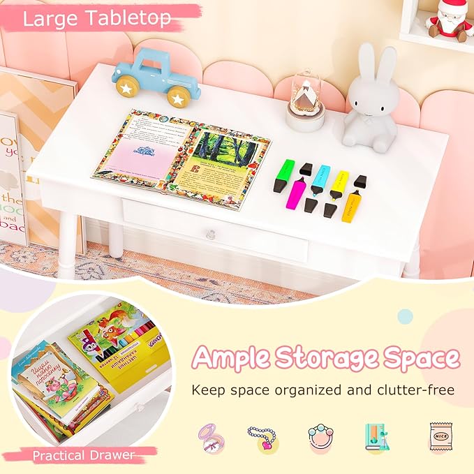 HONEY JOY Kids Vanity, Crown Shape Princess Makeup Dressing Table and Chair Set w/Drawer, Cushioned Toddler Vanity Stool, Real Glass Mirror, Wooden Little Girls Vanity Set with Mirror and Stool(White)