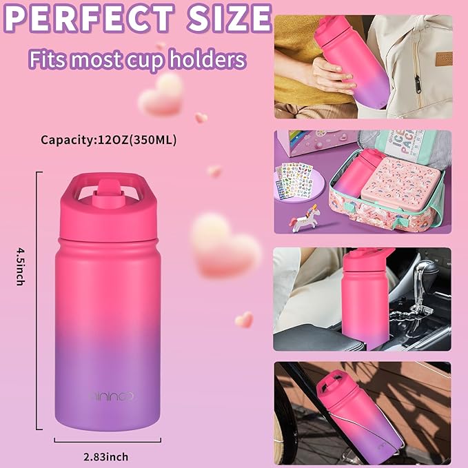 Mininoo Insulated Kids Water Bottle, 12 oz Stainless Steel Water Bottle Kids with Straw Lid and Chug Lid for Girls, Boys (Punch/Purple)