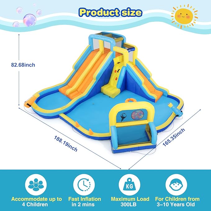 JOYLDIAS Inflatable Water Slide,Water Park Bounce House,Three Slide Bouncer Castle Playhouse w/Splash Pool, Climbing Wall, Felt Ball Target, Ring Toss Game, Goal for Kids Outdoor Fun, 680W Air Blower