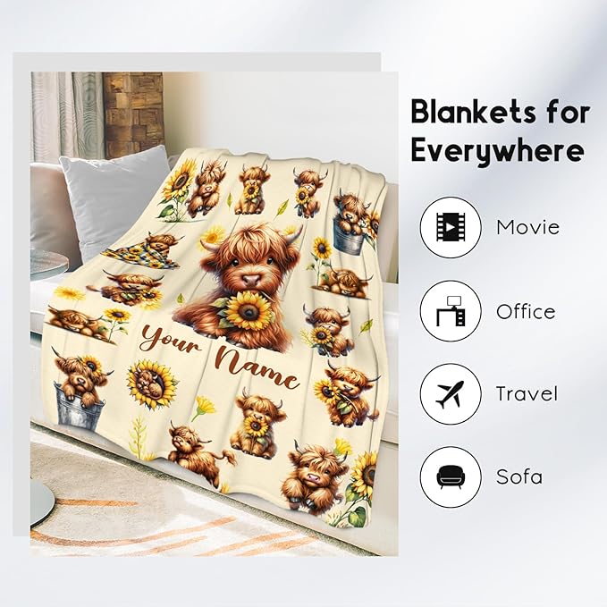 Personalized Kids Blankets with Name, Highland Cow Blanket Gifts for Girls, Custom Cow Gifts with Sunflower, Warm Flannel Throw for Couch, 30"x40"