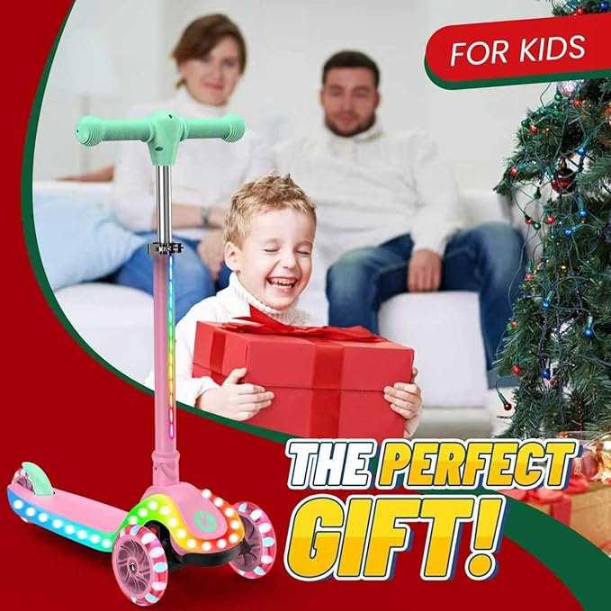 2-in-1 Adjustable Kick Scooter for Kids 3-5 (Suitable 3-12 Years),5-Level Handlebar & Removable Seat, LED Light-Up Wheels, Wide Deck, Foldable Design for Indoor/Outdoor Use - Girls & Boys