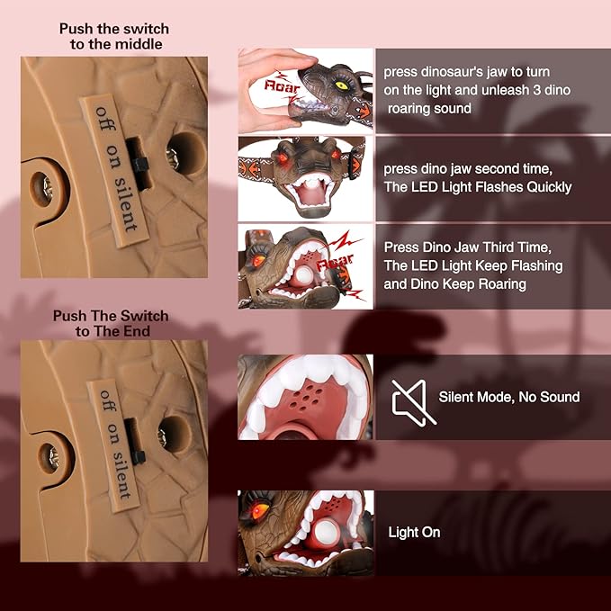 Dinosaur Kids Headlamp, T-Rex Dinosaur Led Headlamp Flashlight, Dinosaur Toy Headlamp Flashlight with 4 Lighting Mode for Boys, Girls’ Camping, Hiking, Reading and Party (Brown)