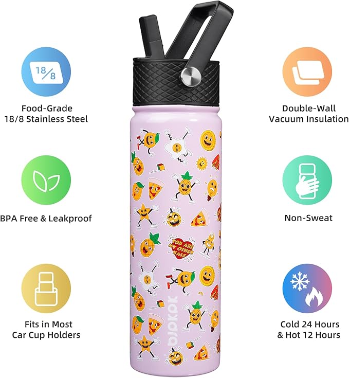BJPKPK Insulated Water Bottle with Straw Lid, 22 oz Stainless Steel Metal Water Bottles, Reusable Leak Proof BPA Free Water Bottles, Cups, Thermo, Hawaii Fruits-Purple