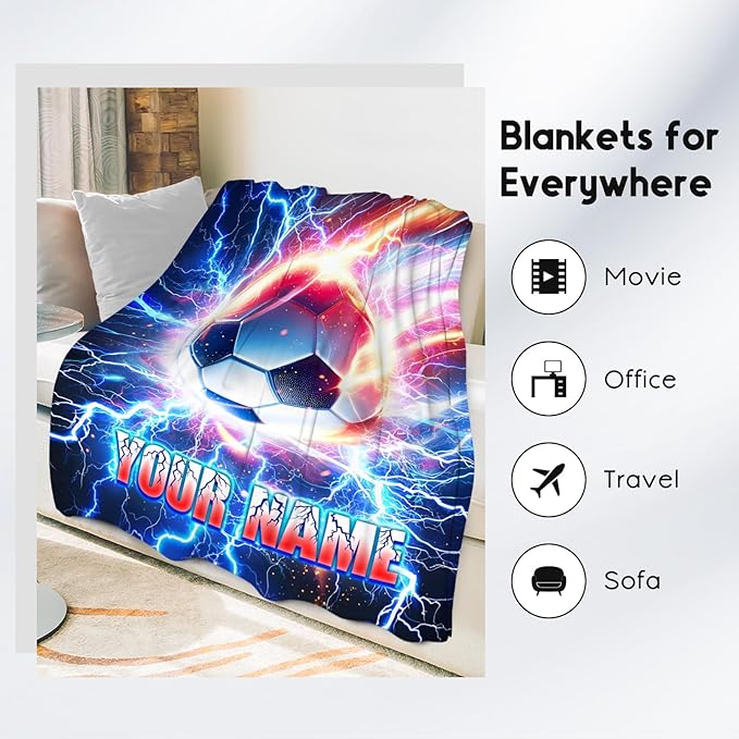 Soccer Blanket for Boys Personalized Kids Throw Gifts - Custom Name Soft Plush Blankets for Couch, Bedroom & Living Room (4 Sizes Choose)