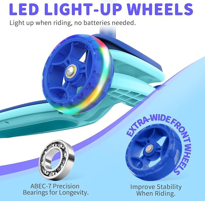 BELEEV A8 Scooter for Kids Ages 3-12, 3 Wheel Folding Scooter for Toddlers Girls Boys, LED Light-Up Wheels, 4 Adjustable Height, Lean to Steer, Extra Wide Wheels, Three Wheel Kick Scooter for Children