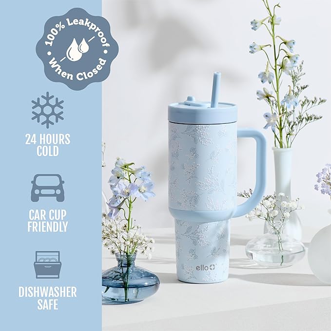 Ello Oasis 30 oz Tumbler with Handle & Retracting Straw | Reusable Insulated Stainless Steel Cup 100% Leakproof, Gifts for Teens Women Men | Keeps cold for 24 Hours, Cup Holder Friendly, Sweet Alyssum