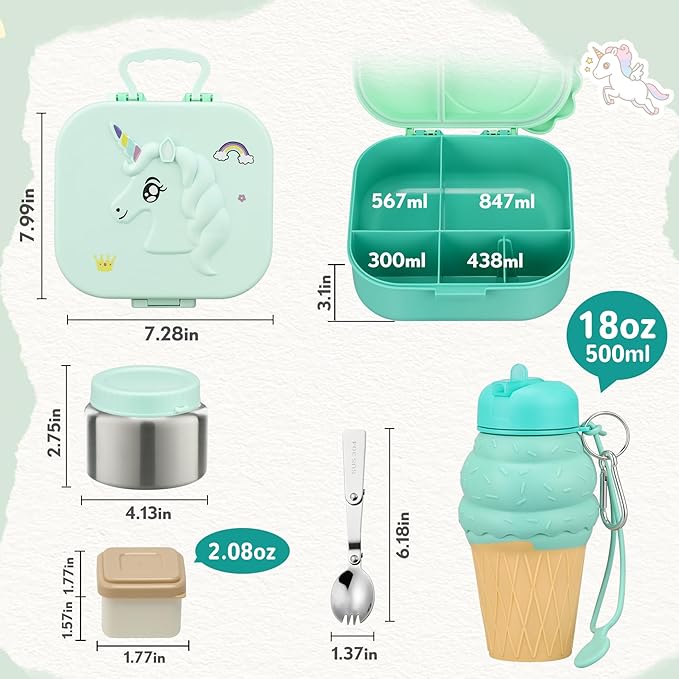 Kids Lunch Box Set -12oz Insulated Food Jar, Thermal Bag,Leakproof Lunch Food Containers Cutlery (BPA Free)-Gift for Girls/Boys Age 3-10(Green-Gradient)