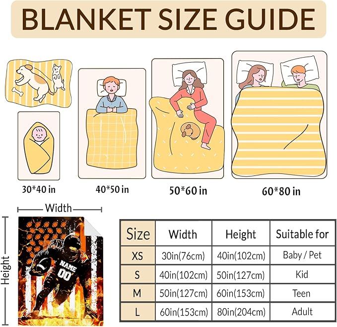 Personalized Blanket for Boys Men, Football Blanket Gift for Football Lovers, Custom Name Sport Blanket for Kids Teens, 50x60 Inches Soft Flannel Throws for Couch Sofa Bed