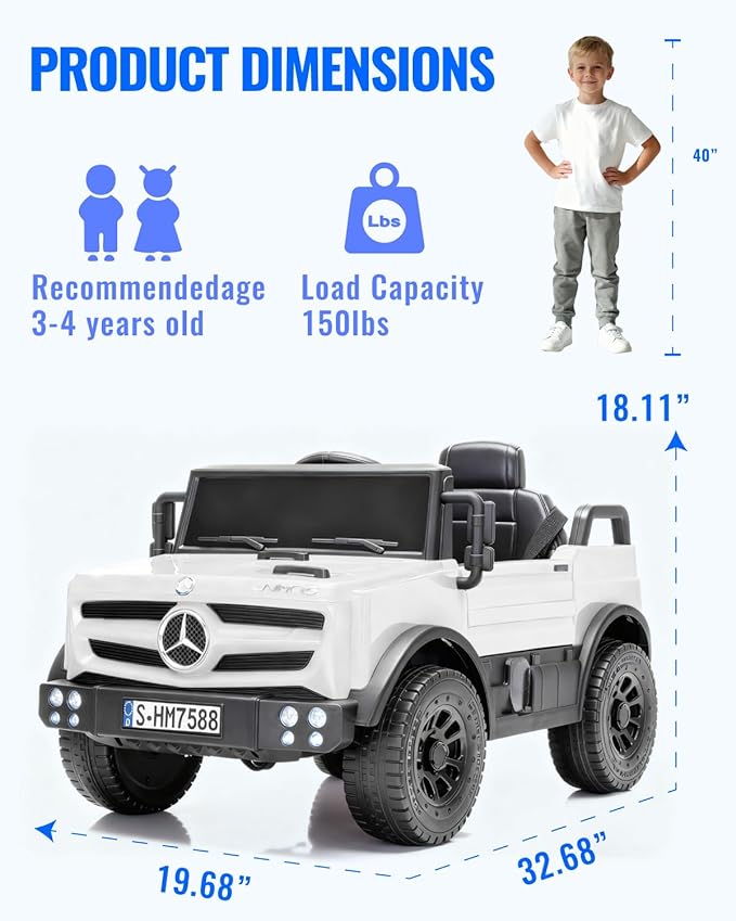12V Ride on Car for Kids, Licensed Mercedes-Benz Unimog w/Parent Remote Control, LED Headlights, Music Player & Horn for 3-5 Years Toddler, White