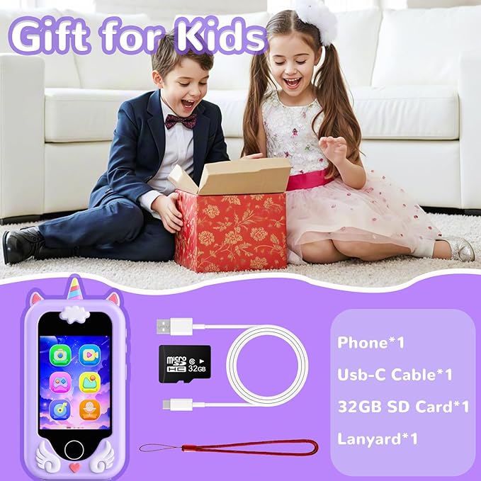 Kids Play Phone, Smart Phone with Dual Camera - Christmas Birthday Gift for Girls Ages 3-10, Toddler Toys Pretend Phone with Music Player, Educational Learning Games with 32GB Memory Card, Purple
