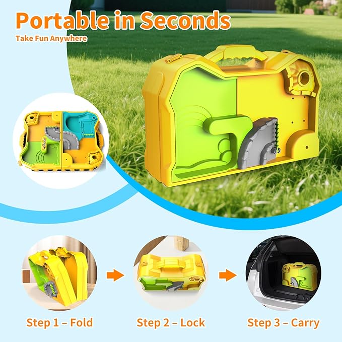 Construction Sandbox with 4 Trucks & Sand/Water Play-Foldable Portable Design Portable Beach & Backyard Toy for Ages 3-12, Outdoor Engineering Set with Rotating Crane for Kids