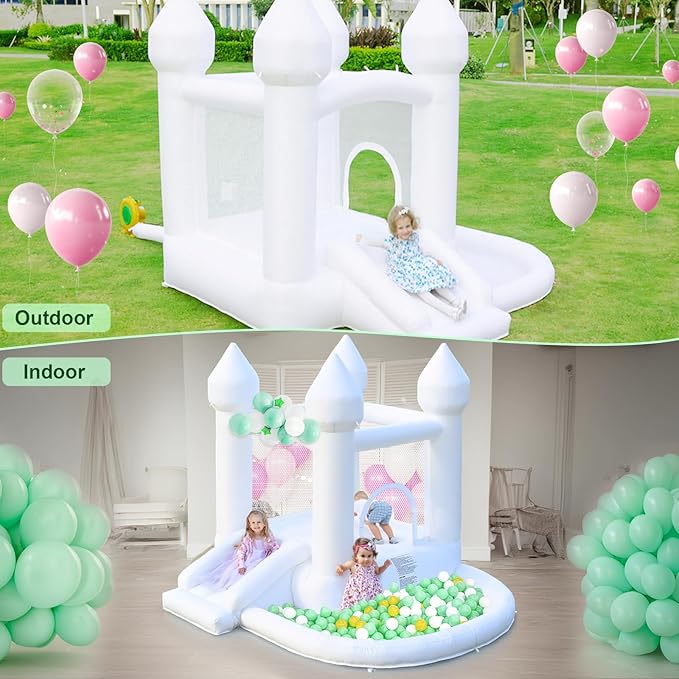 White Bounce House, Inflatable Bounce House with Ball Pit & Slide, Kids Indoor Bounce House Portable Fun House Outdoor Bounce House with Blower for Birthday Party, Wedding Decor