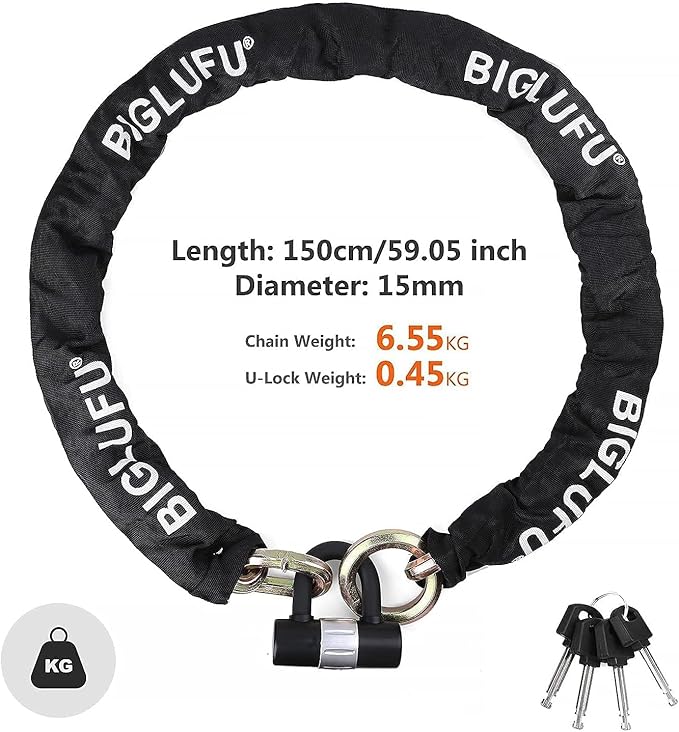 BIGLUFU Motorcycle Chain Lock 150cm/5ft Heavy Duty Bike Chain Lock Anti-Theft Durable Cut Proof 14mm Thick Security Bicycle Chain with 4Keys 16mm U Lock for Moped,Scooter,Motorcycles