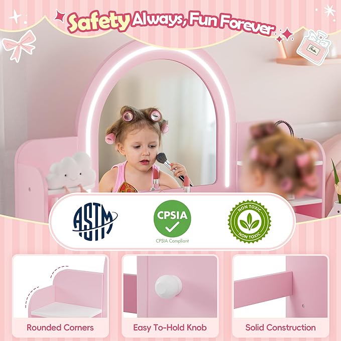 MU Kids Vanity with Lights, Princess Makeup Vanity Desk with Open Bookshelf, Storage Cabinet & Shelves, 2 in 1 Toddler Vanity Table & Chair Set with Lighted Mirror for Little Girls, Pink