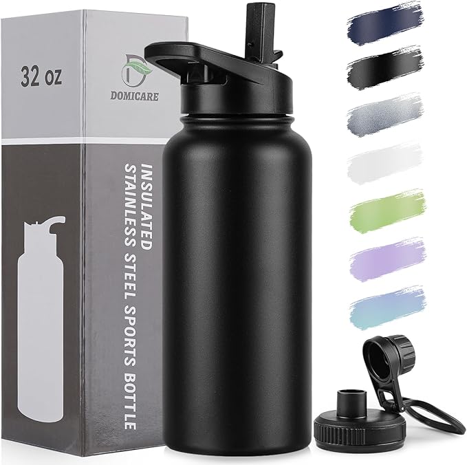 DOMICARE 32 oz Insulated Water Bottle, Vacuum Insulated Stainless Steel Sports Water Bottle with Straw Lid & Spout Lid, Leakproof, Reusable - Travel, Camping, Bike, Black