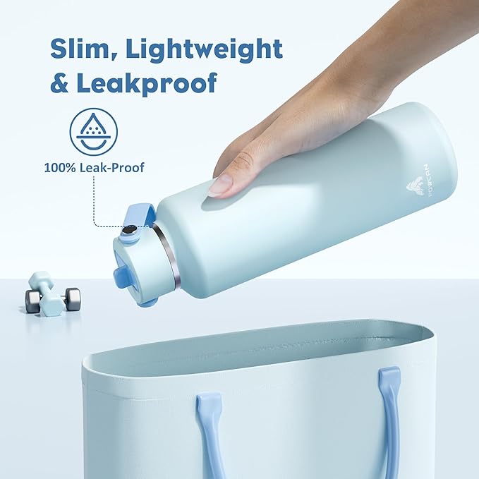 POWCAN 24 oz Insulated Travel Water Bottle for: Leakproof, BPA-Free, Top Handle, Stainless Steel Water Bottle with Straw for School, Outdoors, Camping, Sport, Hiking, Biking, Playground (Sea Breeze)