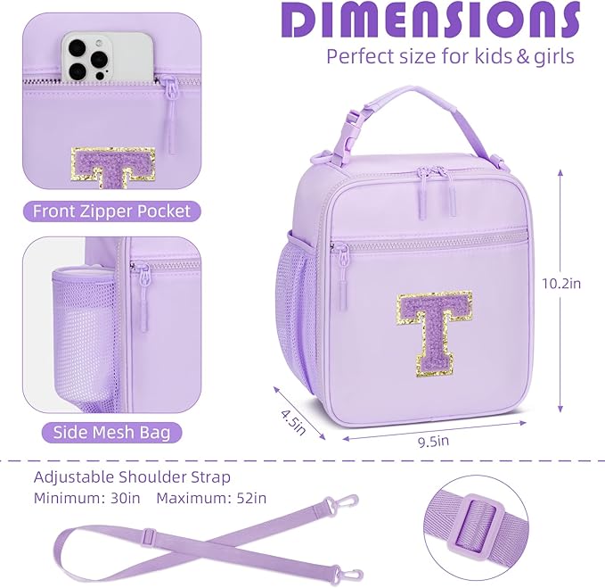 Initial Insulated Lunch Bag for Girls Kids, Back to School Gift, Reusable Leak-proof Lunch Box with Adjustable Strap for School Daycare Travel Picnic (Purple,T)