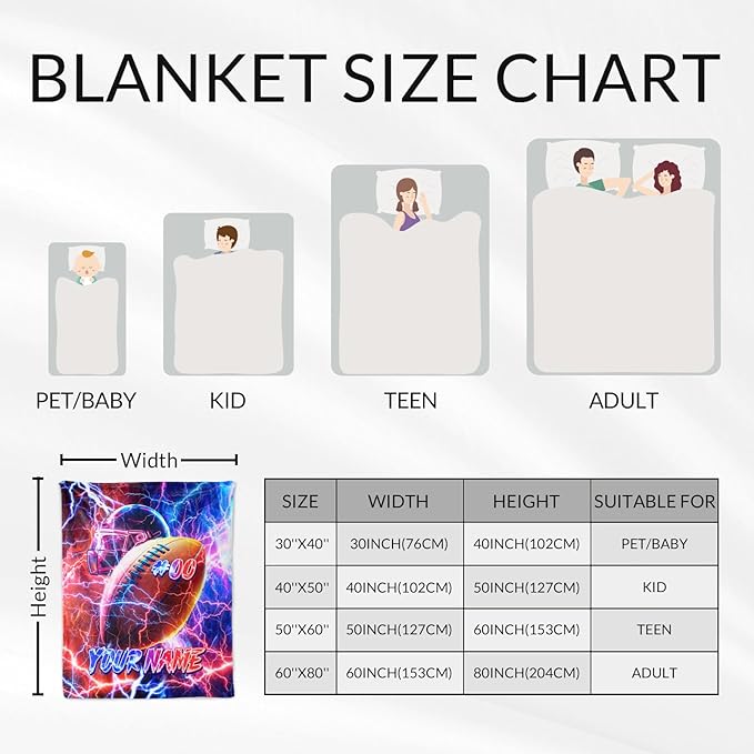 Personalized Kids Blanket Gifts Football Blankets for Boys, Toddler - Custom Cozy Fuzzy Sport Throws for Couch, Sofa & Travel