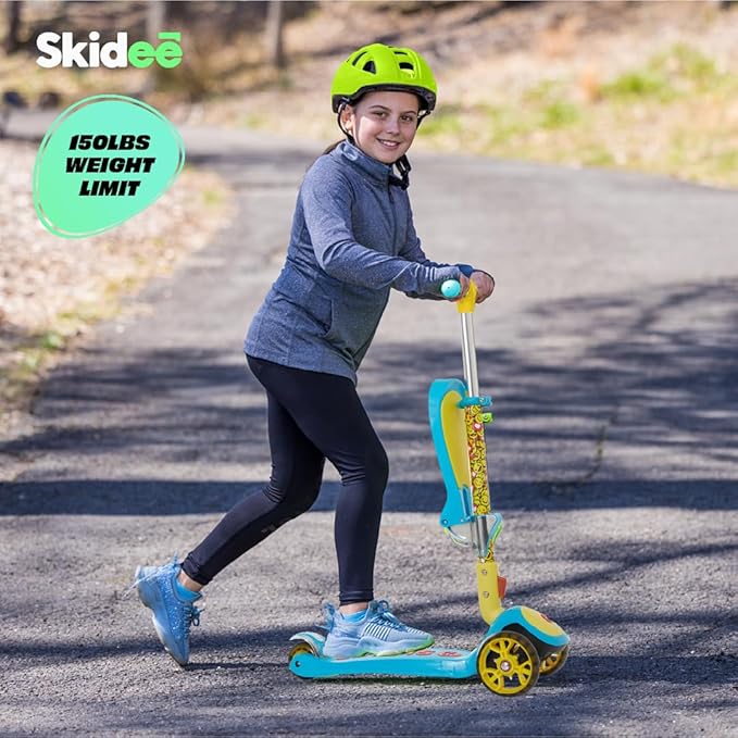 SKIDEE Kick Scooters for Kids Ages 3-5, Adjustable Height Foldable Scooter with Removable Seat, 3 LED Light Wheels, Rear Brake, Wide Standing Board, Suitable Up to 12 Year Old Boys/Girls