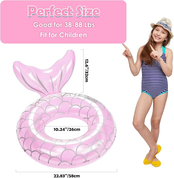 HeySplash Pool Floats Kids, Inflatable Swimming Ring Mermaid Tail Shaped Swim Tube Floaties, Summer Water Fun Beach Party Swimming Pool Toys for Kids Children Water Activities, Pink