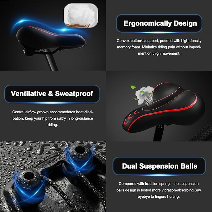 Xmifer Oversized Bike Seat, Comfortable Bike Seat - Universal Replacement Bicycle Saddle - Waterproof Leather Bicycle Seat with Extra Padded Memory Foam - Bicycle Seat for Men/Women