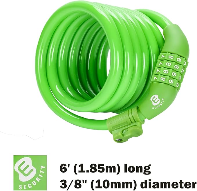 Etronic Bike Lock M6, Cable Lock 6 Feet Long Coiled Security Resettable Combo Combination Lock Bicycle Lock with Mounting Bracket