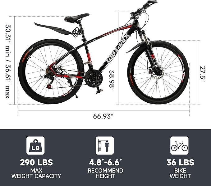 Bruce & Shark 27.5 inch Mountain Bike, 21-Speed Front Suspension & Mechanical Disc Brakes, 265 LBS Load, Adjustable Ergonomic Seat, City/Road Commuter MTB Bicycles for Adult