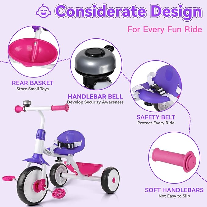Liberry 2 in 1 Toddler Tricycle Age 2 3 4 Years Old, Kids Trike with Adjustable Push Rod, Bell & Basket, 3 Wheel Bike Riding Toy Birthday Gift for Girls Boys, Rose Purple