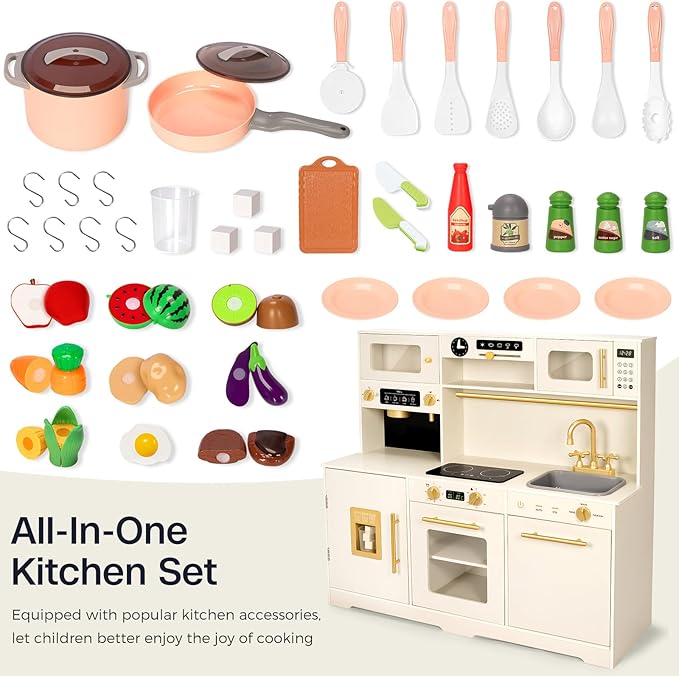 Wooden Play Kitchen for Toddler, Toy Kitchen Set for Kids Pretend Play with 41 Pcs Toy Food & Cookware Accessories, Kitchen Playset Gift for Boys and Girls Ages 3+