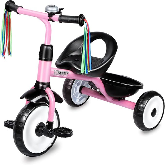 Liberry Toddler Tricycle Age 2 3 4 Years Old, Kids Trike with Bell, Back Basket and Removable Pedal, 3 Wheel Bike Riding Toy Gift for Girls, Light Pink