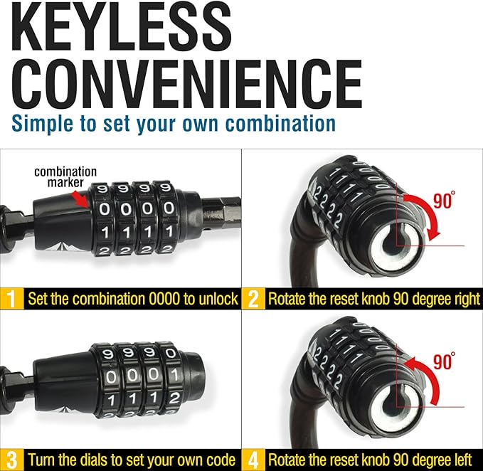 MARQUE Combination Bike Lock Cable- 3/8 inch (5FT, 10FT, 15FT, 25FT) Resettable Combination Lock, Anti-Theft Coiled Secutiry Cable for Bicycles, Kayaks, Paddle Boards, Gates and Outdoor Gear (25 FT)