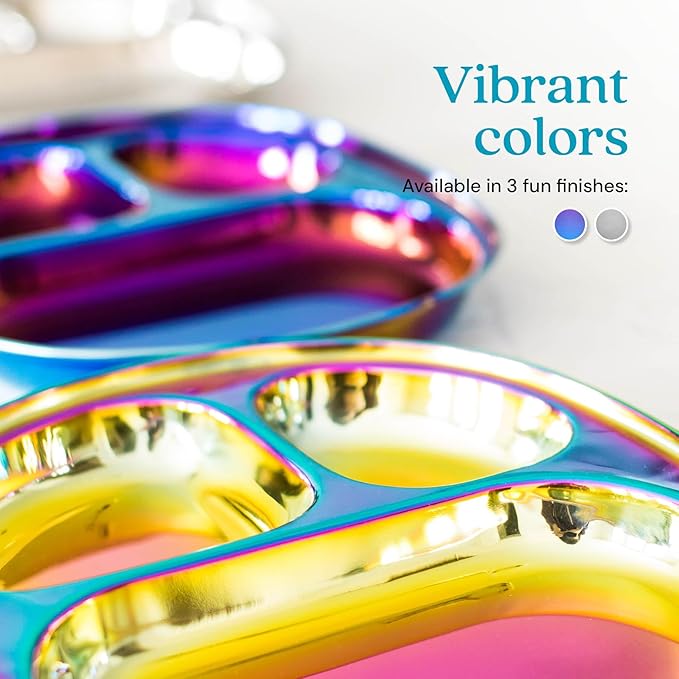 Ahimsa Stainless Steel Plates For Kids, Pediatrician Designed Divided Plates for Toddlers & Baby, Non Toxic, Unbreakable & Dishwasher Safe, Iridescent Blue Set of 4