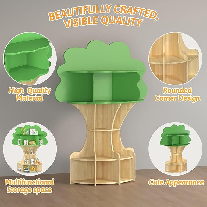 Tree Kids Bookshelf, Fun and Sturdy 5-Tier Wooden Book Organizer, Montessori Nursery Book Shelf for Toddlers, Kids Room and Playroom