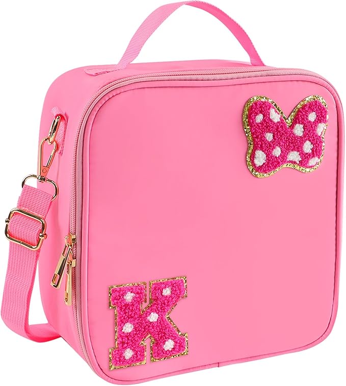 Preppy Initial Bow Mouse Lunch Bag, Kids Insulated Lunch Box Gifts for Teen Girls Daughter, Reusable Soft Lunch Containers Crossbody Cooler Bag Must Haves for Park Travel School Work Picnic Pink K