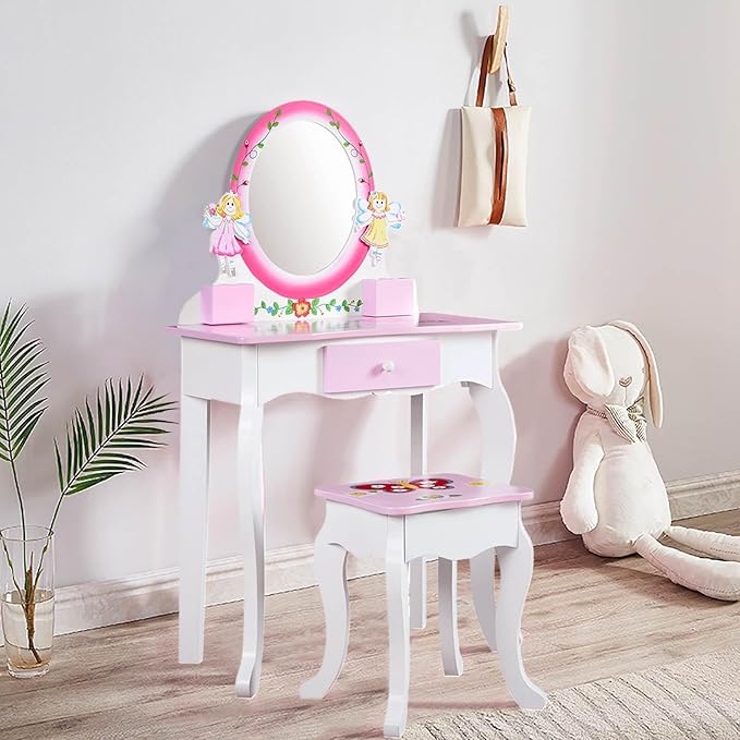 Wooden Vanity Set for Kids with Mirror and Stool, Flower & Butterfly-Themed Makeup Dressing Table and Chair for Girls, with Pull-Out Drawer and Jewelry Boxes