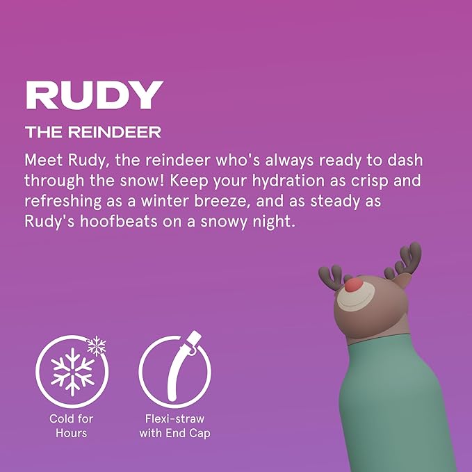 asobu Bestie Bottle Insulated Stainless Steel Water Bottle with Detachable Soft Animal Head Fun Drinking For Kids and Teens with Flexible Reusable Straw 16 Ounce (Reindeer)