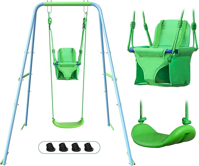 2-in-1 My First Toddler Swing Set for Backyard, Baby Indoor/Outdoor Swing with Foldable Stand, Belt & Soft Swing Seat with Safety Harness & Height Adjuster, Suitable for Children 6 Months and Older