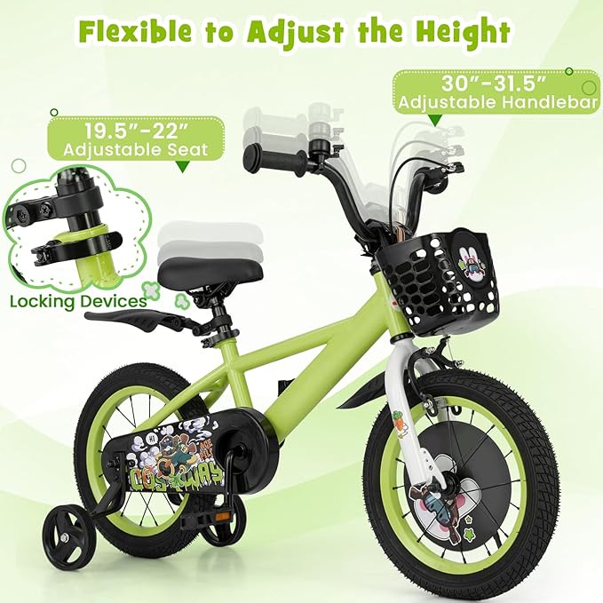 BABY JOY Rabbit Pilot Sporty Kids Bike, 12 14 16 18 Inch Child Bike for 3-8 Years Old with Adjustable Height, Training Wheels, Storage Basket, Handbrake & Coaster Brake, Kids Bicycle for Girls Boys