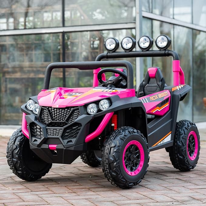 24V 2-Seater Kids Ride-On UTV, 4WD Electric Car with Parent Remote Control, 4x200W Motor, Spring Suspension, LED Headlights & Searchlights, Bluetooth Music, 3-Speed, New Edition, Magenta