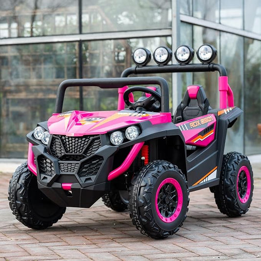 24V 2-Seater Kids Ride-On UTV, 4WD Electric Car with Parent Remote Control, 4x200W Motor, Spring Suspension, LED Headlights & Searchlights, Bluetooth Music, 3-Speed, New Edition, Magenta